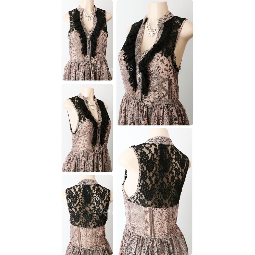 Taupe Black Lace Ruffle Button Boho Chiffon Romper - Picture 3 of 7